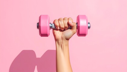 Hand holding pink dumbbell against a pink background