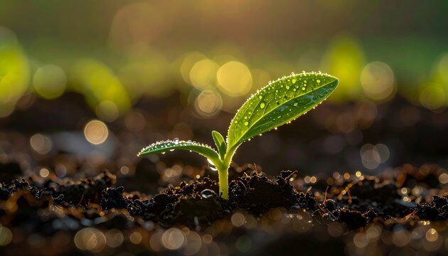 Plant emerges from dark soil with bokeh lights background. Ideal for nature websites, educational materials, and gardening blogs.