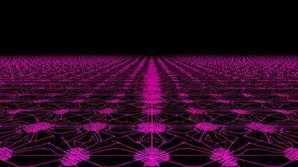 Abstract digital grid with interconnected nodes in vibrant purple against a black background, forming a futuristic network pattern.