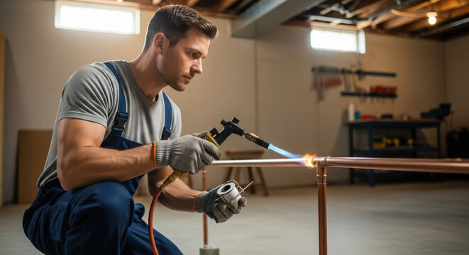 Plumbing repair job showing plumber soldering copper pipes, this plumbing repair showcases expertise with a blowtorch for strong joints. Plumbing repair demands precision,