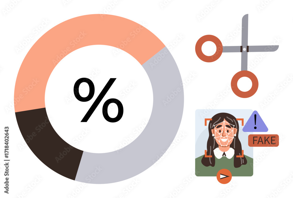 Aufkleber doughnut chart with percentage sign, scissors symbolizing editing, and fake detection mark for face 
