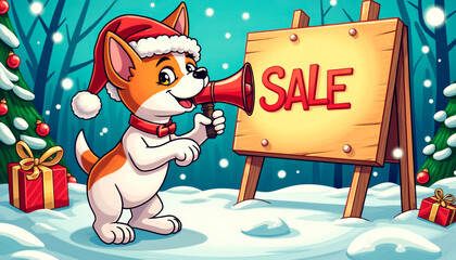 A cheerful dog in a Santa hat with a megaphone in his paw announces Christmas discounts.