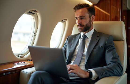 Bearded businessman in sharp suit works on laptop inside luxurious private jet cabin. Exudes power, sophistication, ambition traveling in comfort, style. Focus on productivity, executive lifestyle.