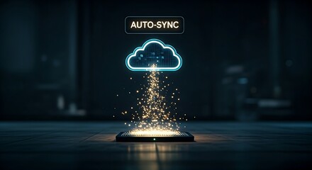 Automated cloud backup and sync concept. Data particles flow continuously from a server icon upwards to a holographic cloud with "AUTO-SYNC" text