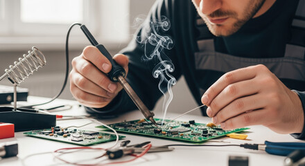 Soldering iron in skilled hands works on circuit board, using soldering iron carefully. Soldering iron with fumes and other hand tools is essential for electronics repair.