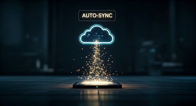 Automated cloud backup and sync concept. Data particles flow continuously from a server icon upwards to a holographic cloud with "AUTO-SYNC" text