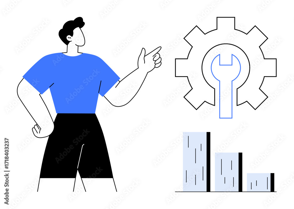 Poster man gesturing at gear with wrench and bars, symbolizing problem-solving, growth, teamwork. ideal for