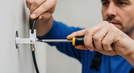Installing cable outlet with screwdriver. Installing cable outlet with antenna cable to connect television to wall. Repairman installing cable outlet for digital home entertainment.