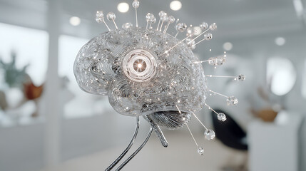 Transparent brain model with illuminated neural connections and metallic structure in a modern indoor setting