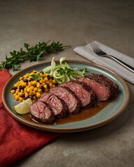 Rosa Rinderfilet in Scheiben mit Soße, Sellerie, Mais und Bohnen serviert
