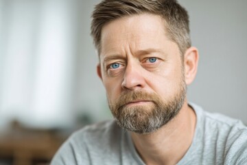 Fototapeta premium Close-up portrait of a serious middle-aged man with blue eyes and short brown hair.