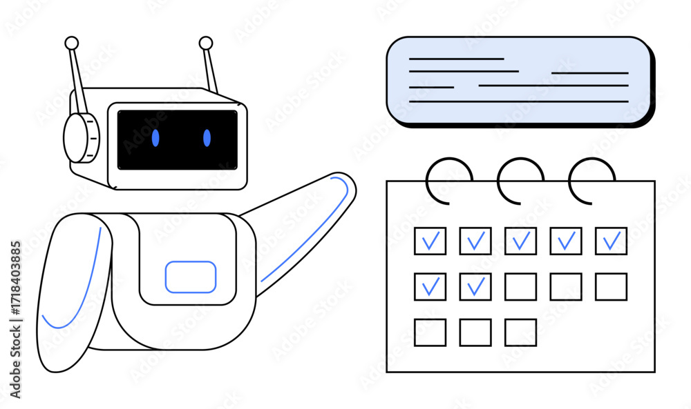 Aufkleber robotic assistant pointing at a checklist with completed tasks and a text speech bubble. ideal for a