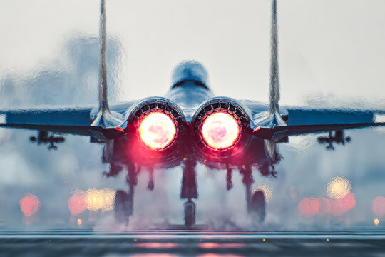 Rear view of a fighter jet taking off with afterburners engaged on a rainy day