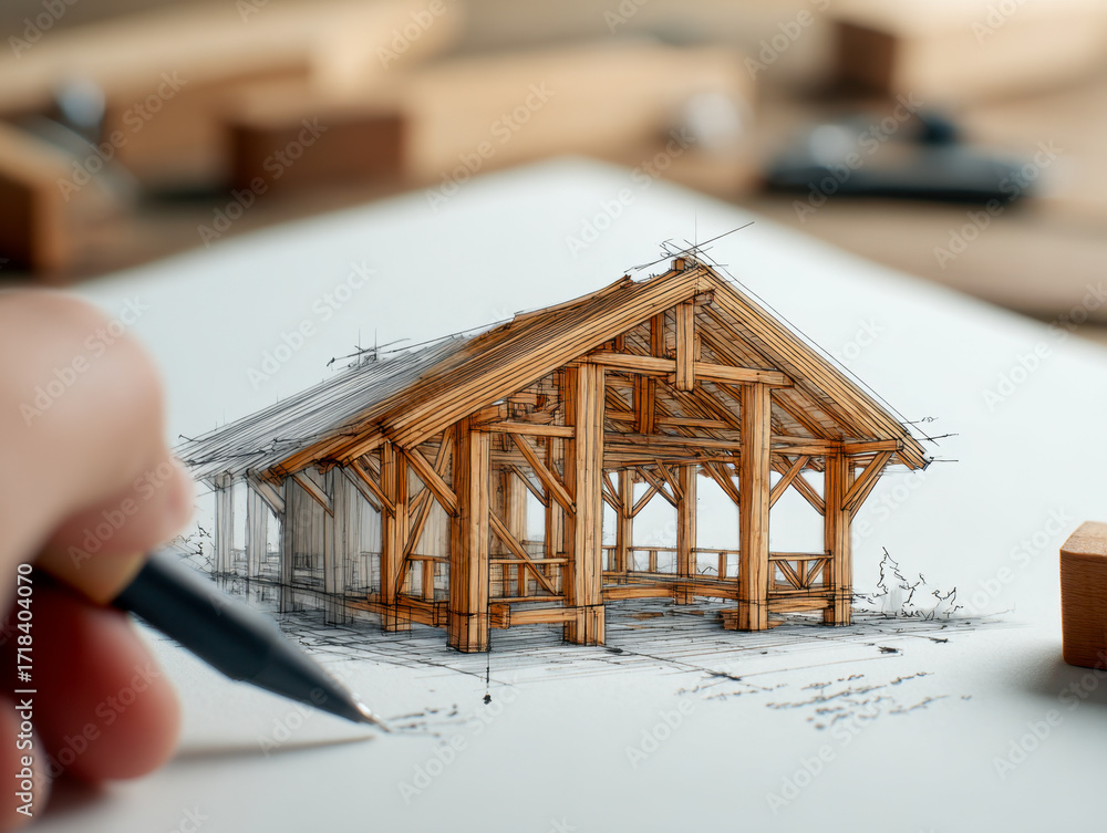 Poster hand drawing architectural design of a wooden pavilion blending technical sketch with realistic 3d v