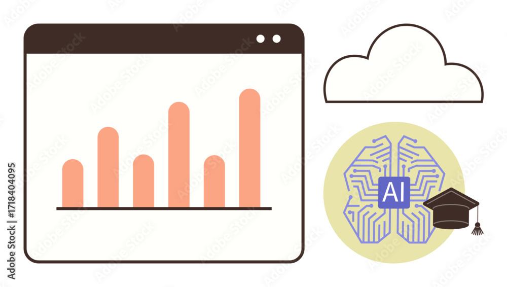 Poster bar chart in a browser window, cloud, ai-brain graphic, graduation cap. ideal for data analysis, clo