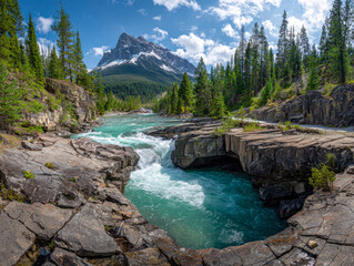 Turquoise river rushing through rocky gorge surrounded by dense pine forest with snow-capped mountain peak under bright blue sky and scattered clouds in wilderness scener