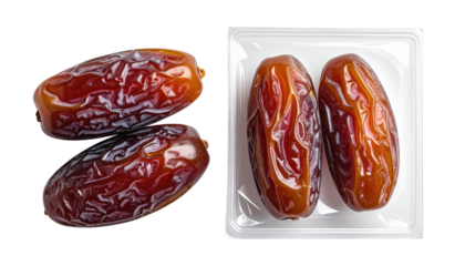 Three dried dates, glossy and brown, arranged on a white plastic tray
