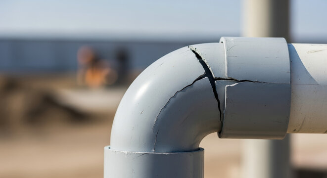 Cracked pipe joint shows damage from weather, or possibly faulty manufacturing. Damaged plastic pipe and its joint show cracks from long outdoor exposure.