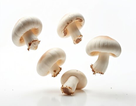 Fresh champignon mushrooms falling, floating in air isolated on white background. Natural ingredient for cooking, healthy vegetarian food, organic produce, culinary element.