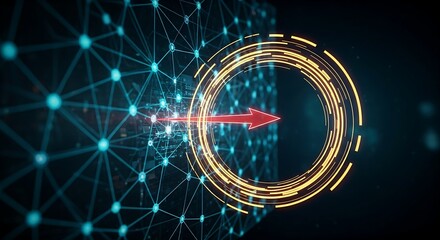 Network intrusion detection concept. A red arrow (intruder) tries to enter a secure data network hologram and is instantly circled by an alert.