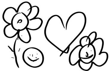 A whimsical drawing featuring two flowers a heart and a smiley face all rendered in a simple black outline