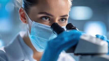 Close-up of female scientist looking through microscope in laboratory setting with protective face mask.