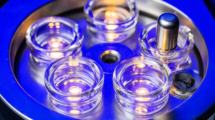 Glass vials with liquid samples arranged on a blue tray with a central metal component, likely used in laboratory analysis.