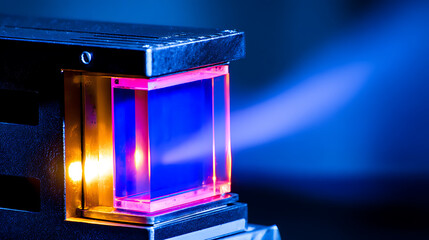Close-up of a glowing optical device emitting blue and pink light, likely used in scientific or technological applications.