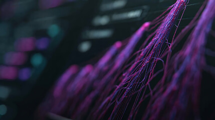 Close-up of illuminated fiber optic strands glowing in purple hues against a dark background
