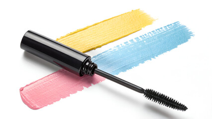 Fototapeta premium Smear of colorful mascara and applicator isolated on white, top view. mascara on white background, mascara brush, mascara brush and powder