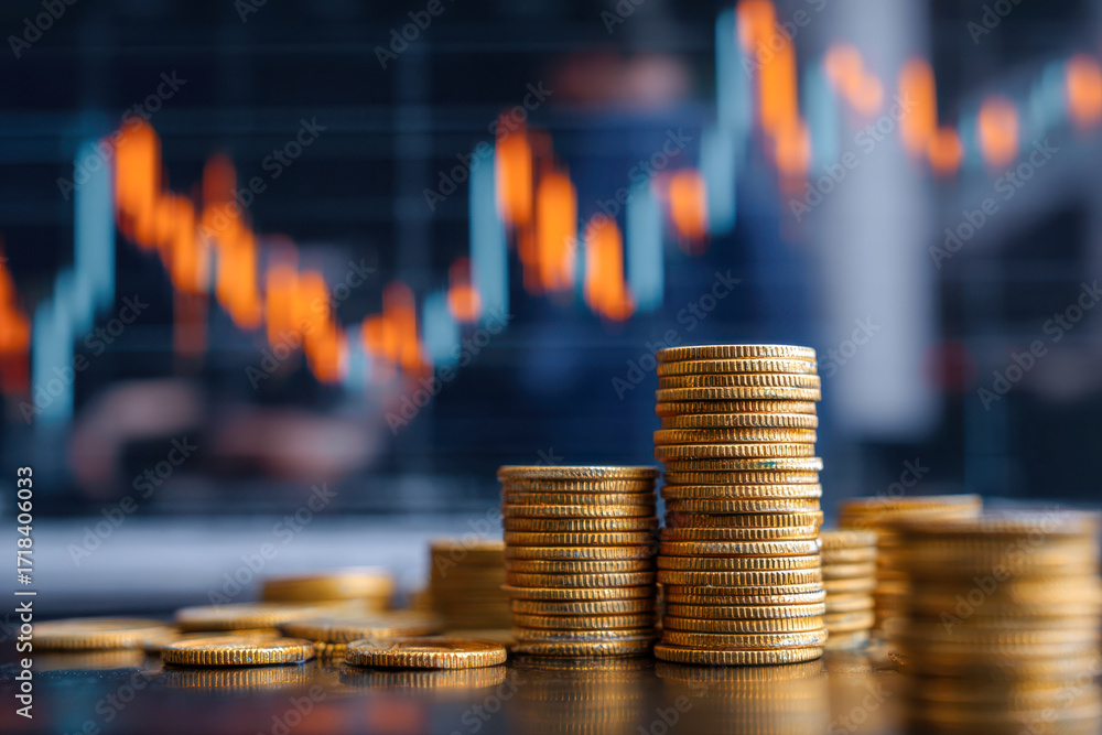 Poster stacks of golden coins representing financial growth with blurred stock market graph displaying risi