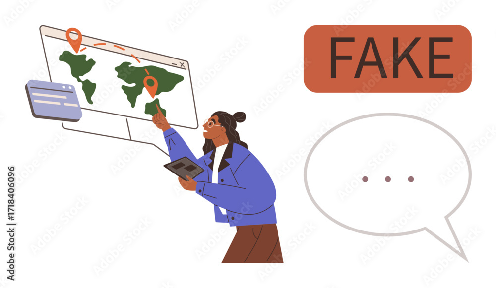 Poster female character analyzing world map with location markers, holding a tablet, and pointing at data. 