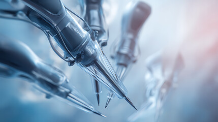 Robotic surgical instruments in a medical setting, close-up view