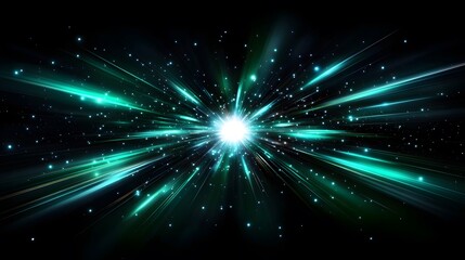 Fototapeta premium A vibrant explosion of turquoise light rays emanates outward from a central point against a deep black backdrop, filled with glittering specks of light.