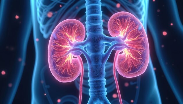Anatomical illustration shows human kidneys, excretory system in blue, pink neon glow. Visualizes effects of diseases like Glomerulonephritis, Nephrotic Syndrome, Polycystic Kidney Disease.