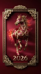 Regal Fire Horse gallops within golden frame. Eastern zodiac animal symbolizes 2026 lunar new year celebration. Auspicious red and gold festive ornament.