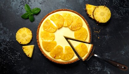 Pineapple cheesecake tart on dark surface