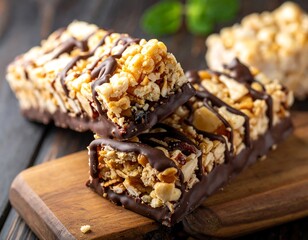 Chocolate-covered granola bars on a wooden board