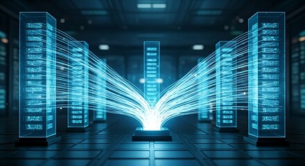Load balancing concept. A large data stream is intelligently split to flow evenly across multiple holographic servers to prevent overload.