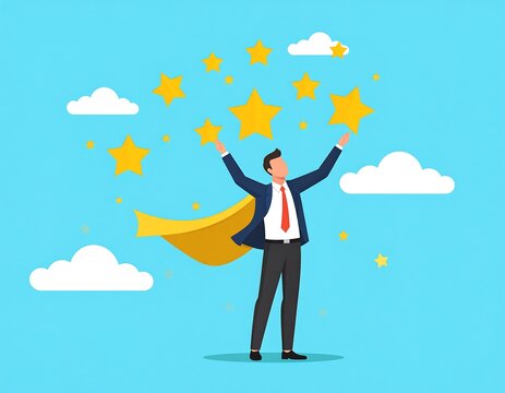 Businessman with a cape surrounded by stars - Powered by Adobe