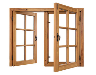 Wooden double-hung window open wide, showing divided panes