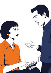 Pop Art Couple Communicating With Smartphone and Earphones