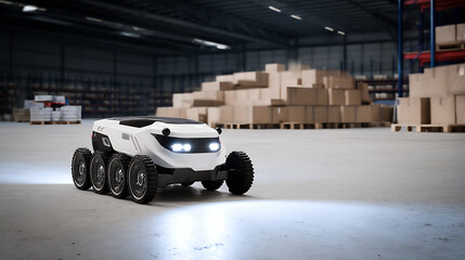 Autonomous robot vehicle in a warehouse environment with stacked cardboard boxes and industrial shelving
