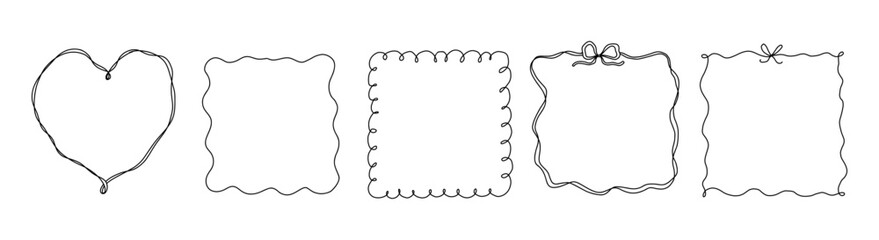 Square and heart frames with bow and ribbons. Hand Drawn coquette borders for wedding invitation. Whimsical frames for birthday card, menu design, party graphic decoration. Minimalist girly line art.
