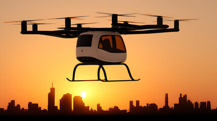 Silhouette of a flying drone over a city skyline at sunset
