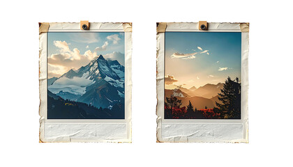 Two vintage-style instant photos of mountain landscapes.  Sunrise/sunset views.  Aged paper texture.  Square format