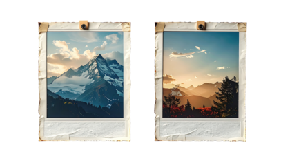 Two vintage-style instant photos of mountain landscapes. Sunrise/sunset views. Aged paper texture. Square format