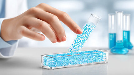 Scientist pouring blue liquid from test tube into rectangular container in laboratory setting