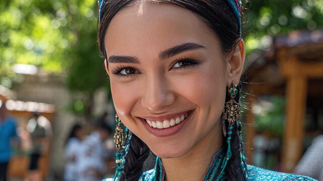 Close-up on Beautiful Smiling Young Woman in Traditional Central Asian Attire