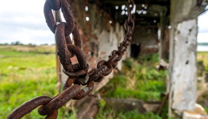 Rusty chain in dilapidated building